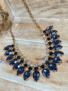 Gold-Tone Necklace with Deep Navy Teardrop Stones - Classic and Elegant!